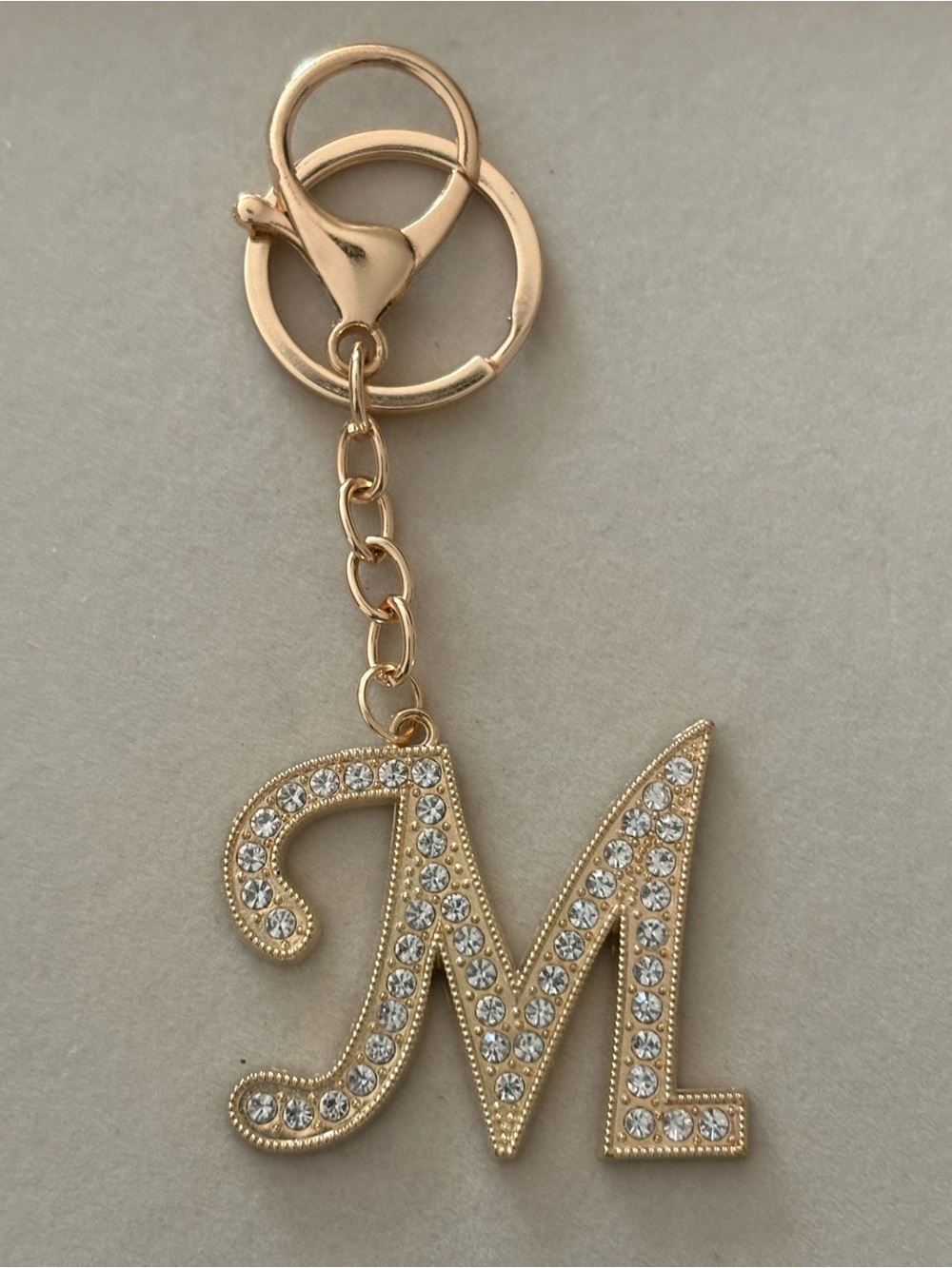 Gold Initial M Key Charm with Clear Crystals